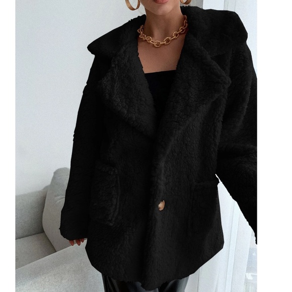 Luxe Solid Teddy Button Pockets Loose Fit Jacket Coat - Picture 9 of 12